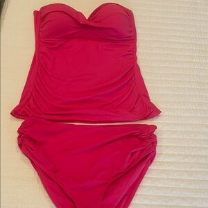 Anne Cole Strapless Ruched Tankini Set in Hot Pink